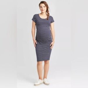 Ingrid &‎ Isabel Maternity Navy White Stripe Ruched Side Midi Dress Size M